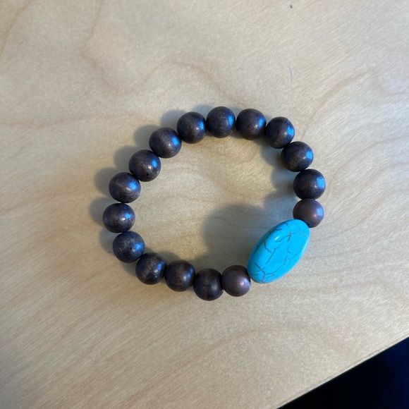 22cm - Dark wooden beads with faux turquoise - 22 cm diameter bracelet - Picture 3 of 3